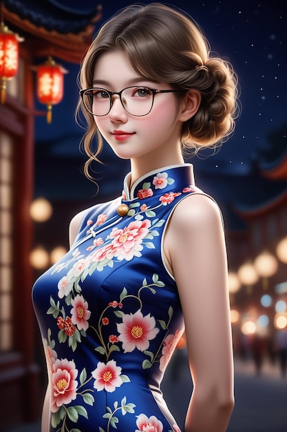 Photo a pretty girl in a cheongsam and glasses at night in cartoon stye