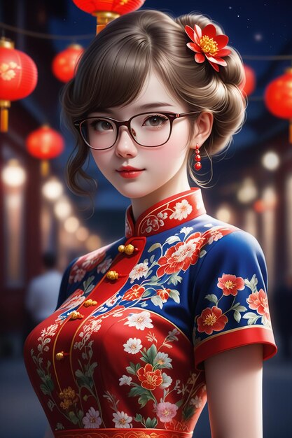 Photo a pretty girl in a cheongsam and glasses at night in cartoon stye