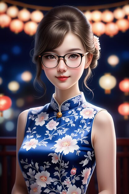 Photo a pretty girl in a cheongsam and glasses at night in cartoon stye