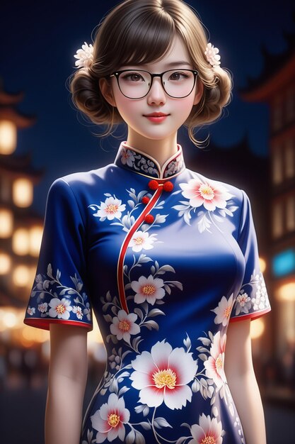 Photo a pretty girl in a cheongsam and glasses at night in cartoon stye