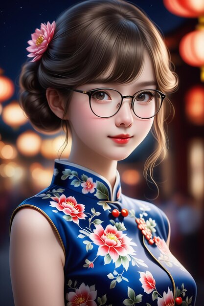 A pretty girl in a cheongsam and glasses at night in cartoon stye