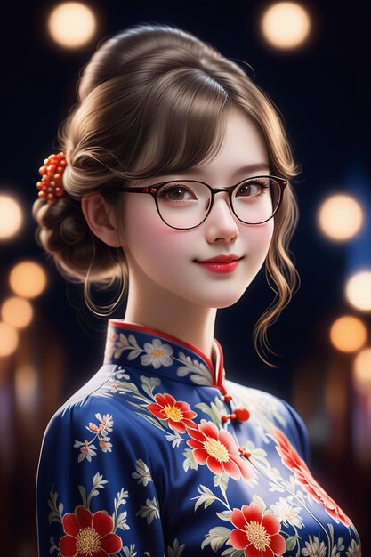 Photo a pretty girl in a cheongsam and glasses at night in cartoon stye