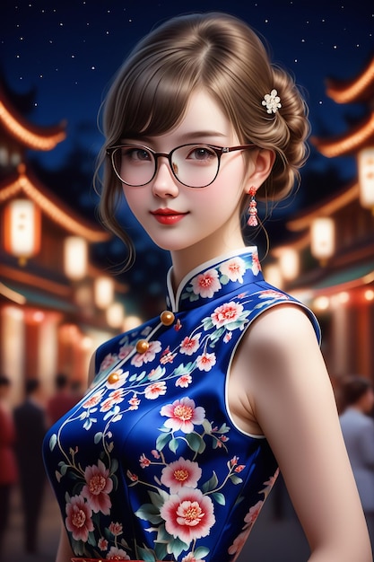 Photo a pretty girl in a cheongsam and glasses at night in cartoon stye