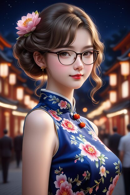 A pretty girl in a cheongsam and glasses at night in cartoon stye