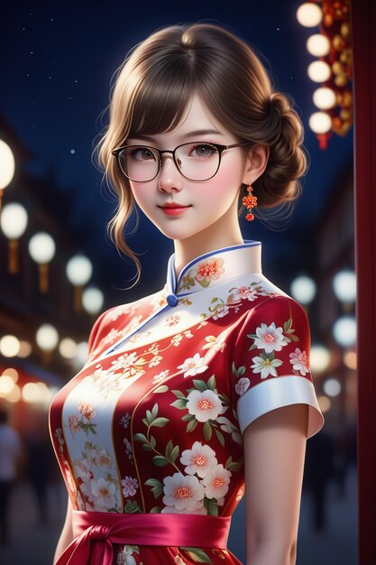 Photo a pretty girl in a cheongsam and glasses at night in cartoon stye