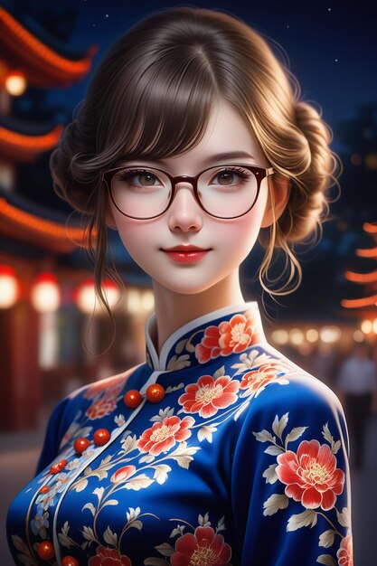 A pretty girl in a cheongsam and glasses at night in cartoon stye