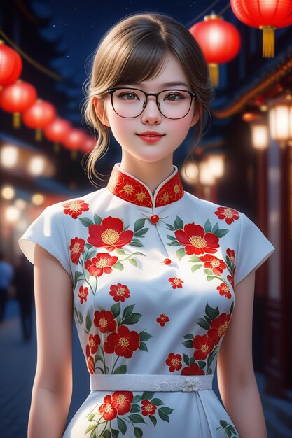 A pretty girl in a cheongsam and glasses at night in cartoon stye