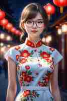 Photo a pretty girl in a cheongsam and glasses at night in cartoon stye