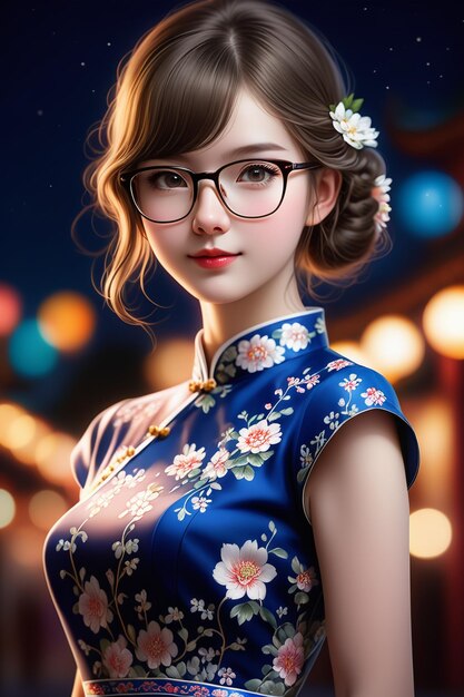 Photo a pretty girl in a cheongsam and glasses at night in cartoon stye