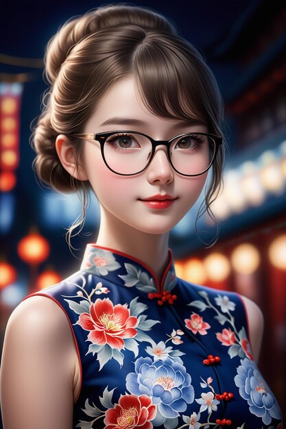 Photo a pretty girl in a cheongsam and glasses at night in cartoon stye