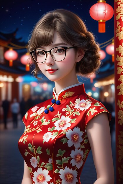 Photo a pretty girl in a cheongsam and glasses at night in cartoon stye