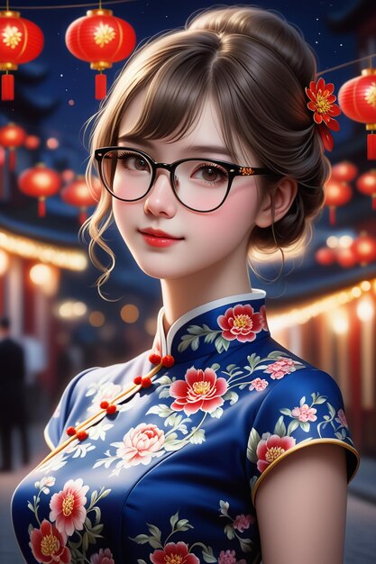 A pretty girl in a cheongsam and glasses at night in cartoon stye