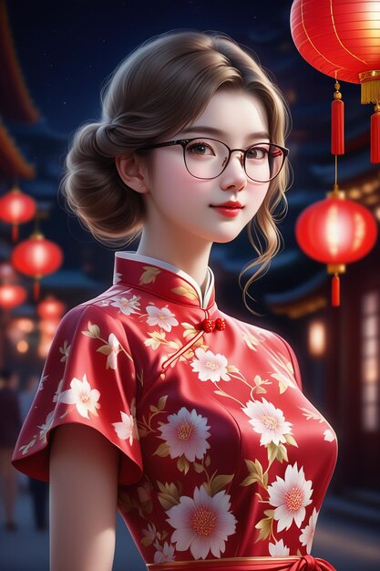 A pretty girl in a cheongsam and glasses at night in cartoon stye