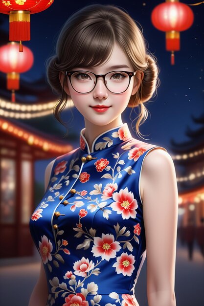 Photo a pretty girl in a cheongsam and glasses at night in cartoon stye