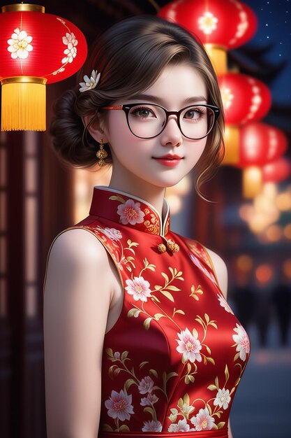 Photo a pretty girl in a cheongsam and glasses at night in cartoon stye