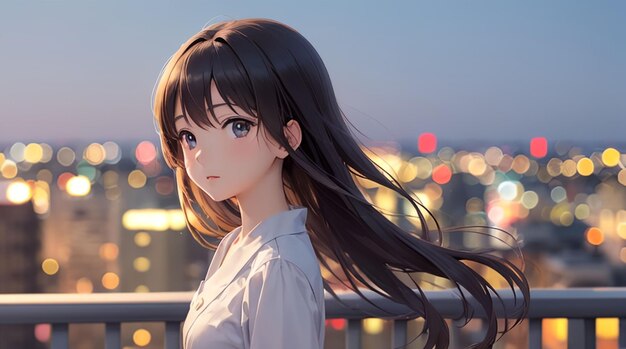 Pretty girl in the city anime style art for desktop wallpaper