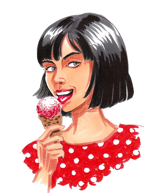 Pretty girl eating ice cream. Ink and watercolor drawing