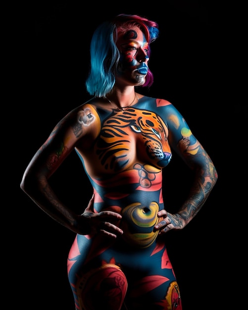 Photo pretty girl in full colorful body tattoo body painted