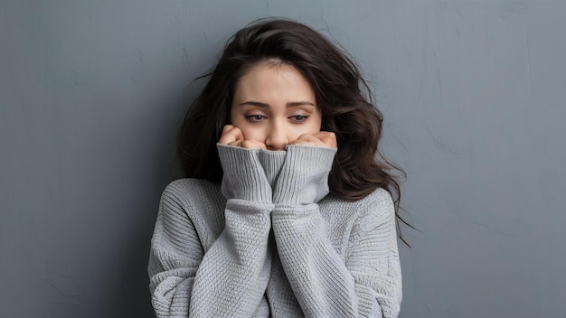 Pretty girl in grey sweater is cold trying to warm up on gray