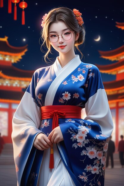 A pretty girl in hanfu and glasses on a night background