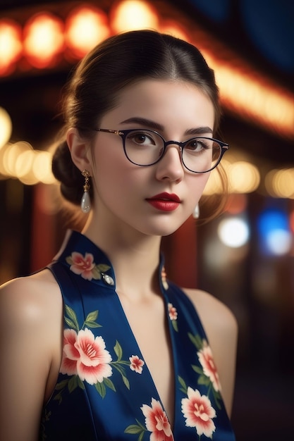 A pretty girl is wearing Cheongsam on midnight city background