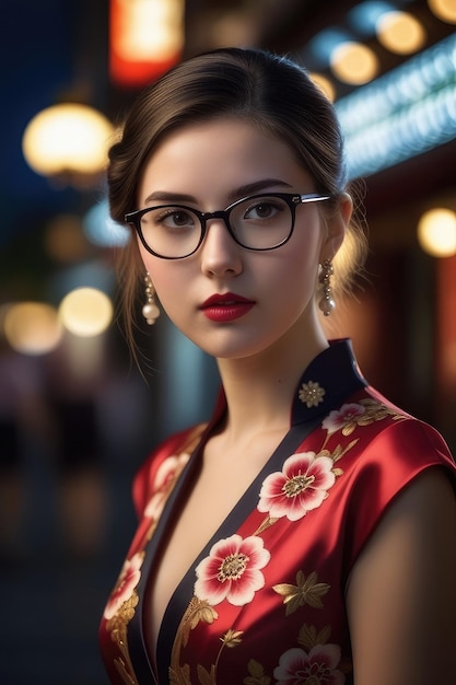 Красивая девушка носит Чонгсам на фоне полуночного города