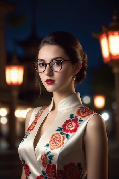 A pretty girl is wearing Cheongsam on midnight city background