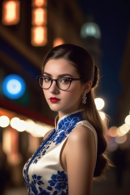 美しい女の子が真夜中の街の背景にチョングサムを着ている