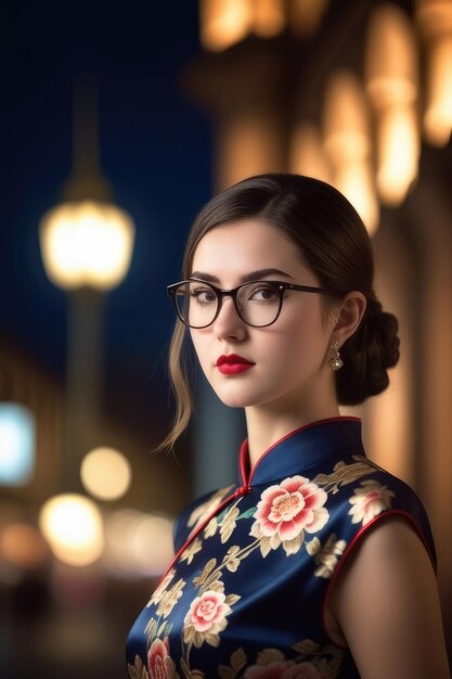 A pretty girl is wearing Cheongsam on midnight city background