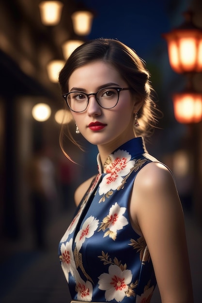 A pretty girl is wearing Cheongsam on midnight city background