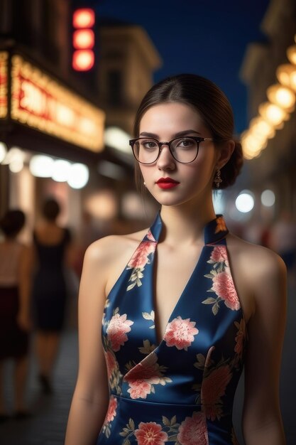 A pretty girl is wearing Cheongsam on midnight city background