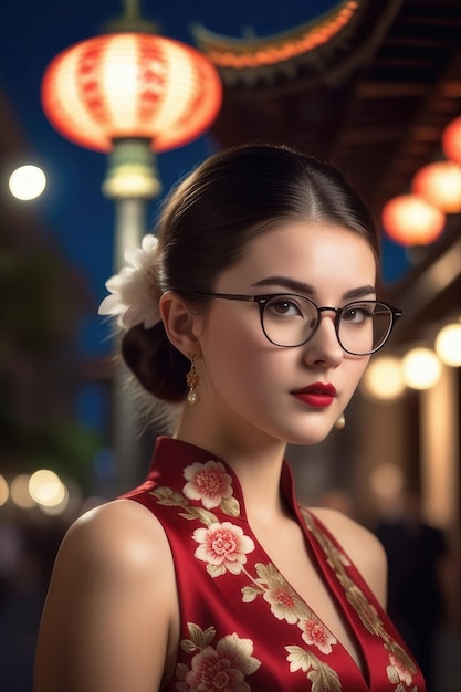 A pretty girl is wearing Cheongsam on midnight city background