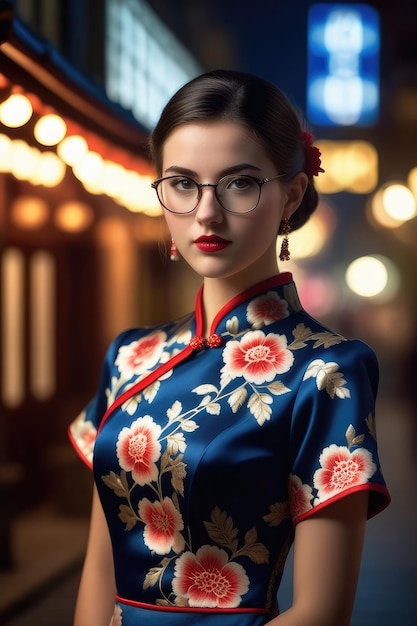 A pretty girl is wearing Cheongsam on midnight city background