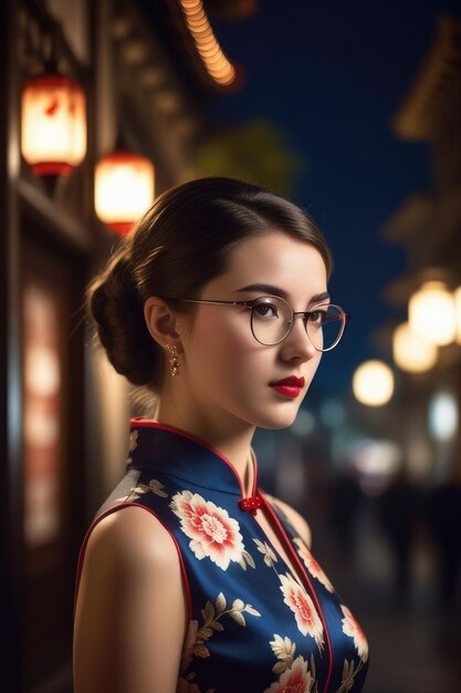 A pretty girl is wearing Cheongsam on midnight city background