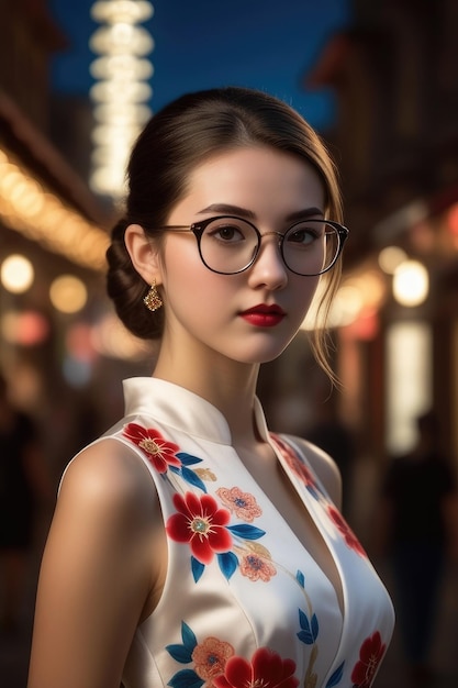 A pretty girl is wearing Cheongsam on midnight city background