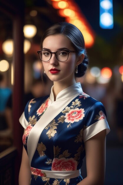 A pretty girl is wearing Cheongsam on midnight city background