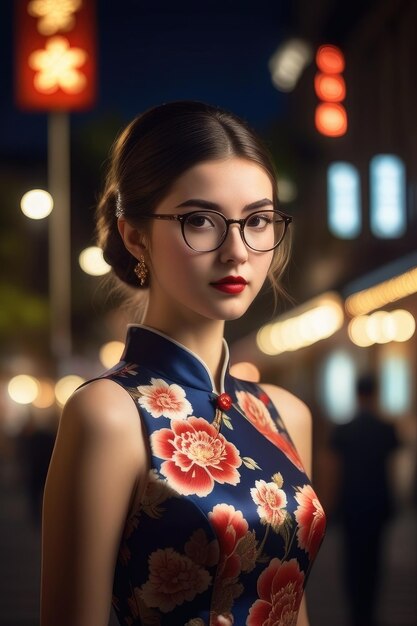 A pretty girl is wearing Cheongsam on midnight city background