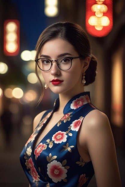 美しい女の子が真夜中の街の背景にチョングサムを着ている
