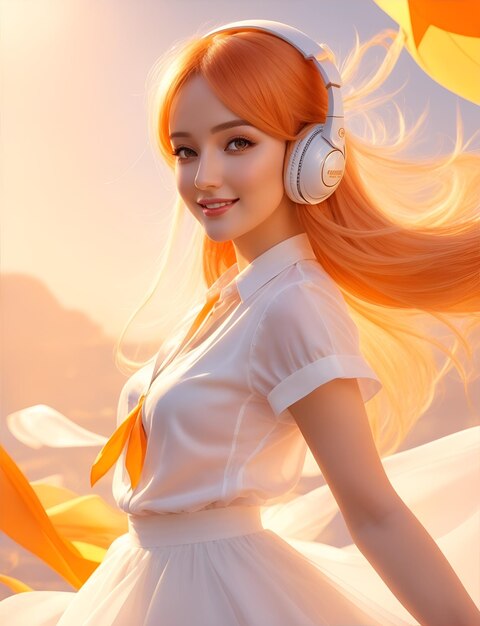 A pretty girl is wearing white dress and headphone in orange tone wallpaper