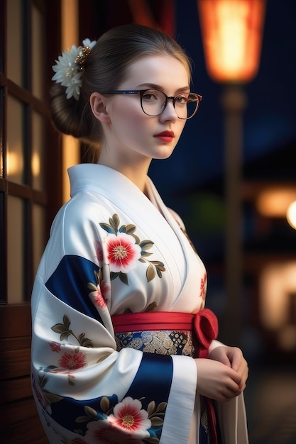 Красивая девушка в кимоно стоит на улице ночью.