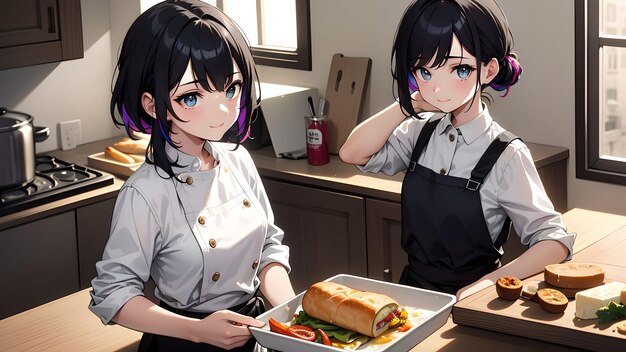 Pretty girl in the kitchen anime art for wallpaper