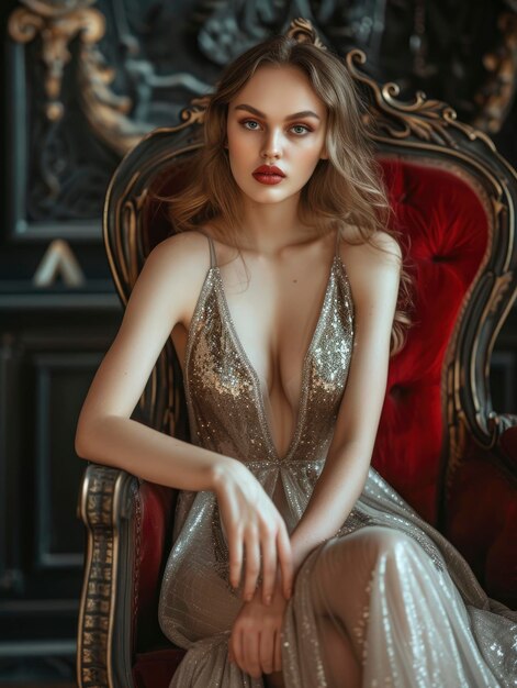 スタイルに適したインテリアで王座に座っているドレスの美しい女の子モデル