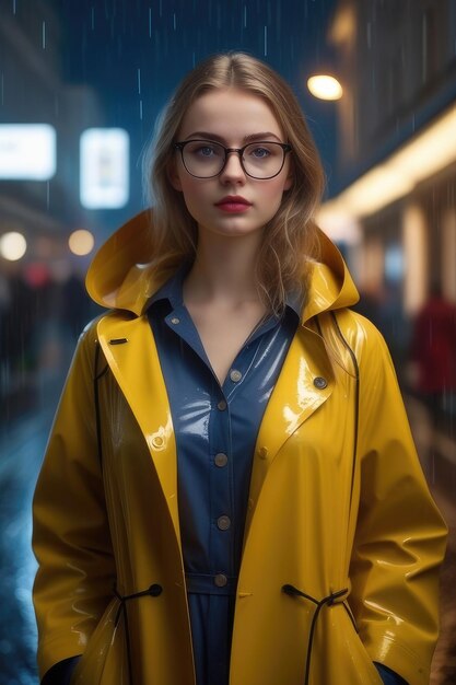 A pretty girl in a raincoat and glasses in a rainy night