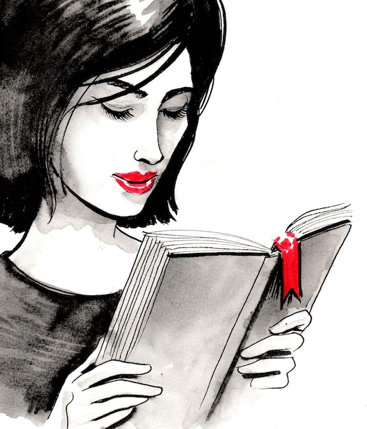 Pretty girl reading a book. Ink and watercolor drawing