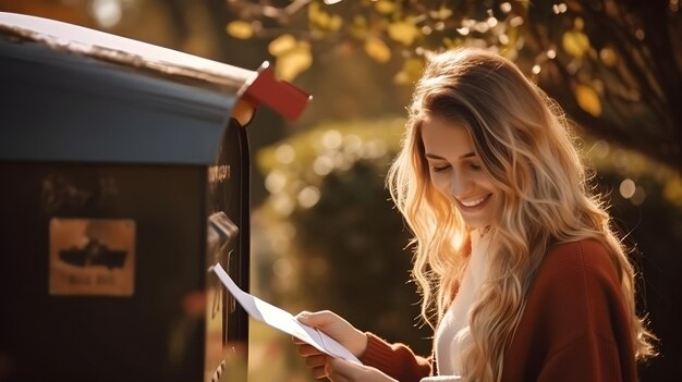 Photo a pretty girl reading mail beside a traditional post box
