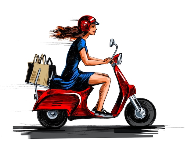 Pretty girl riding a scooter with shopping bags Hand drawn ink on paper and hand colored on tablet