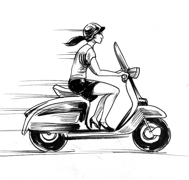 Pretty girl riding a vintage scooter. Ink black and white drawing