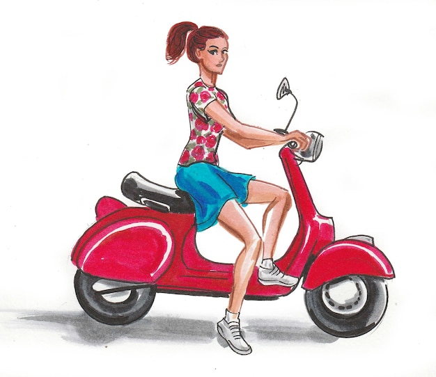 Pretty girl riding a vintage scooter. Ink and watercolor drawing