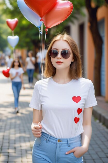 A pretty girl in shirt and jean is hoding a heart balloon and standing on the sunny street