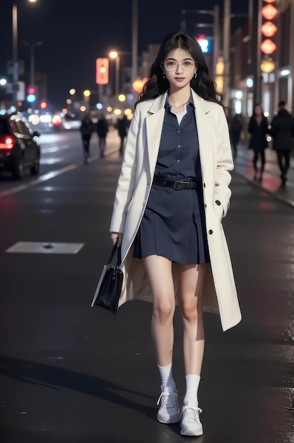 A pretty girl in a shirt and skirt with a coat and sneaker is walking on the street at night